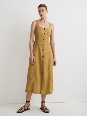 NWOT Madewell 100% Linen Button-Front Midi Dress in Citrus Lime